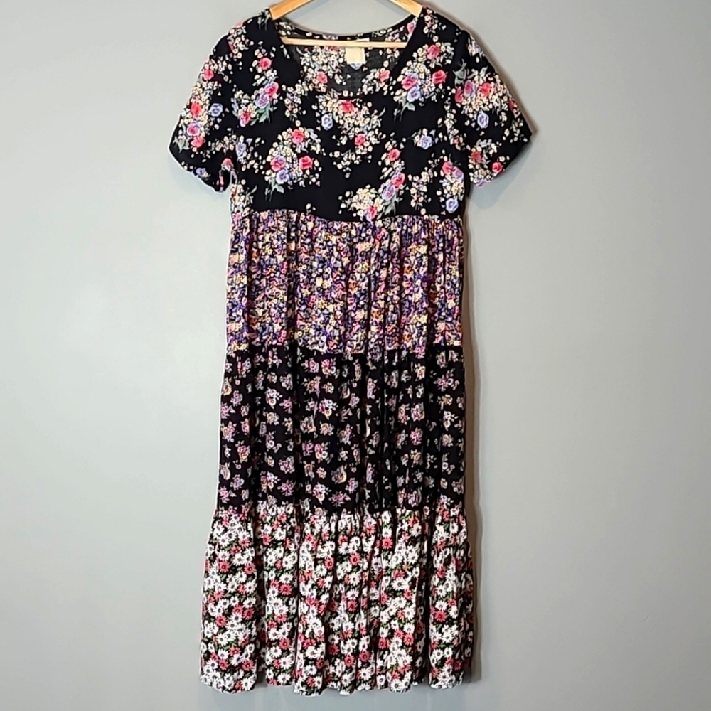 Floral Tiered Midi Dress in Black and Pink